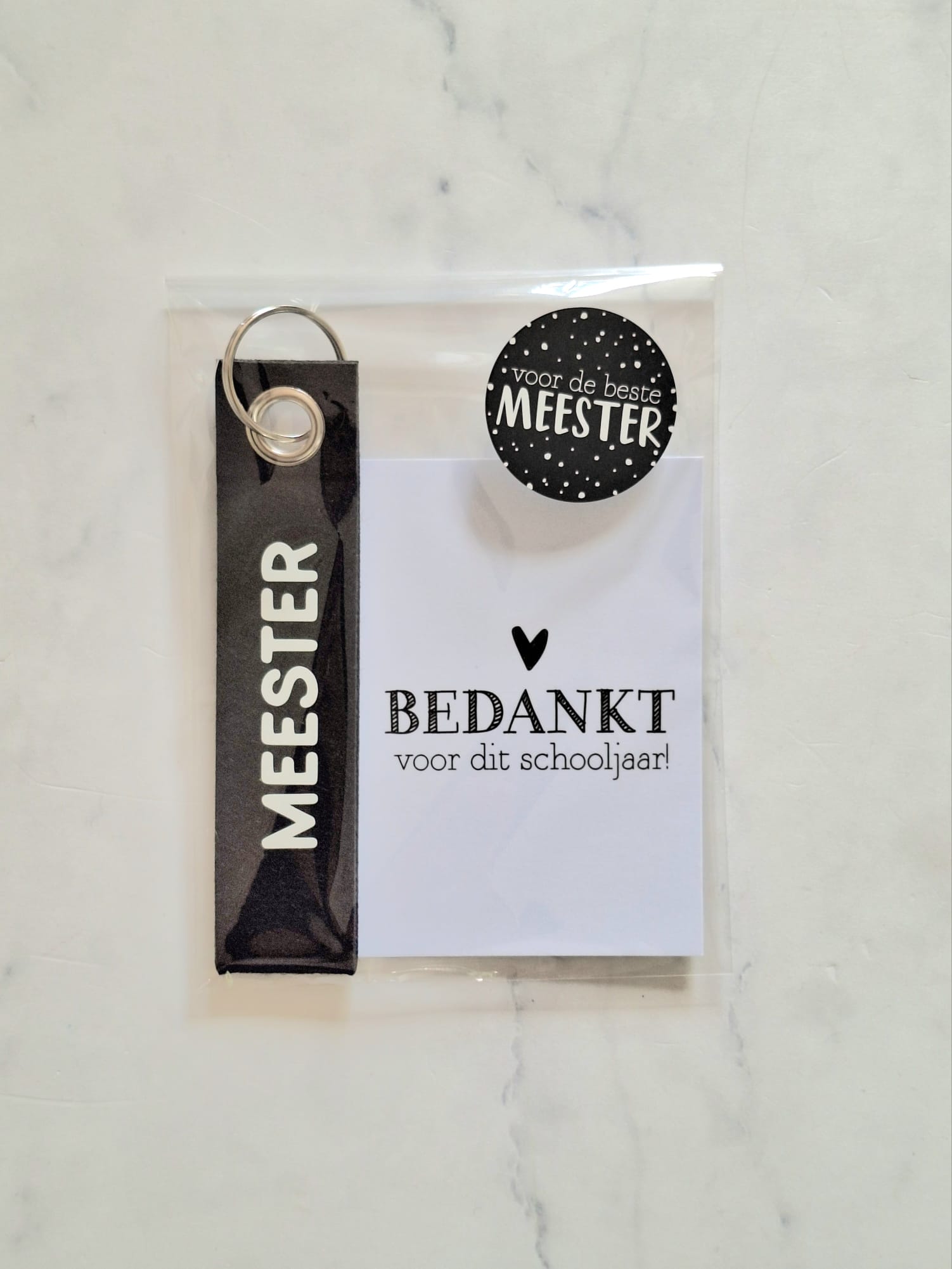 Kaart met sleutelhanger Meester | Vilten sleutelhanger grijs