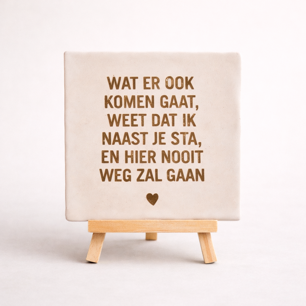 Tegel met tekst: wat er ook komen gaat….