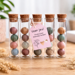 Glazen buisje met zaadbommetjes; heel veel bloemen voor jou!