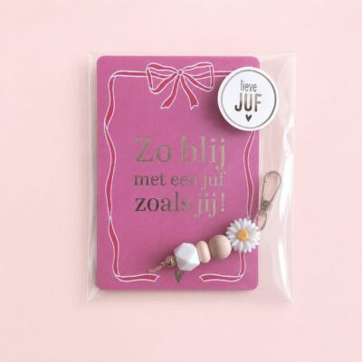 Kaart met sleutelhanger Juf | Bloemen sleutelhanger