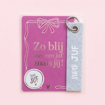 Kaart met sleutelhanger Juf | Vilten sleutelhanger super juf
