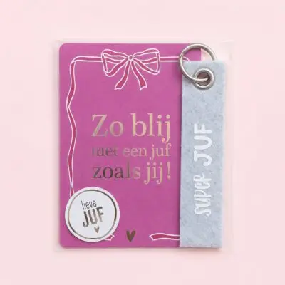 Kaart met sleutelhanger Juf | Vilten sleutelhanger super juf